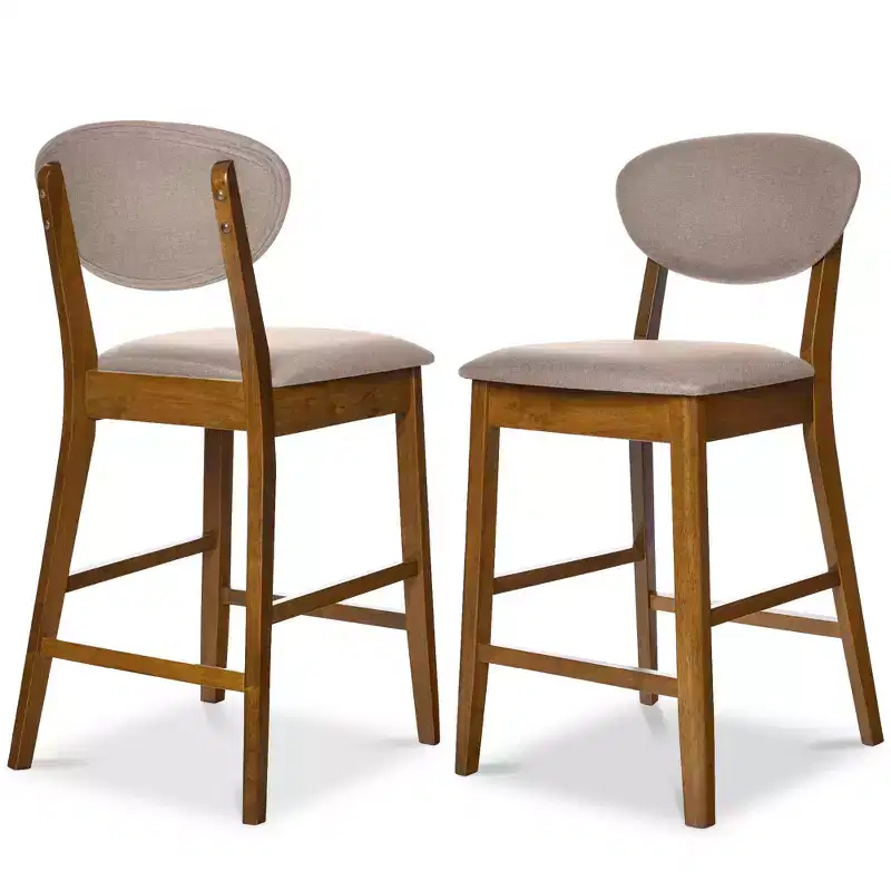 2-Piece Mid-Century Modern Wood and Upholstered Counter Height Bar Stool Set