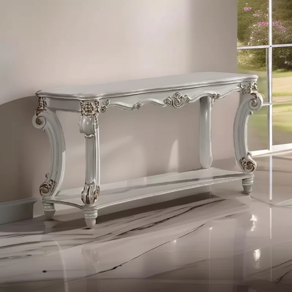 58 Inch Sofa Console Table with Scrolled Legs and Open Bottom Shelf