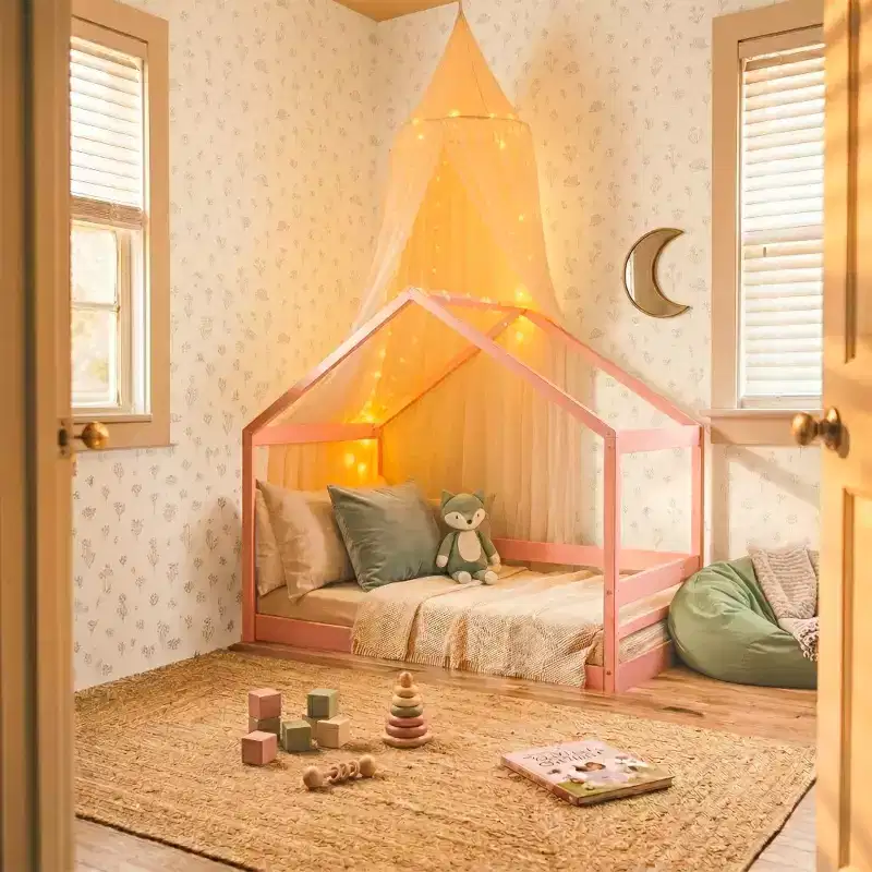 Trellis House Toddler Bed, Safe Low-Profile Kids Bed Frame with House-Shaped Headboard