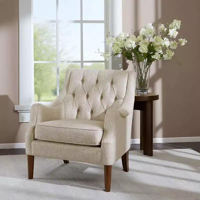 Okak Accent Chair Contemporary Button-Tufted Living Room Chair with Upholstered Cushion Comfy Armchair with Wood Legs for Reading Room Bedroom