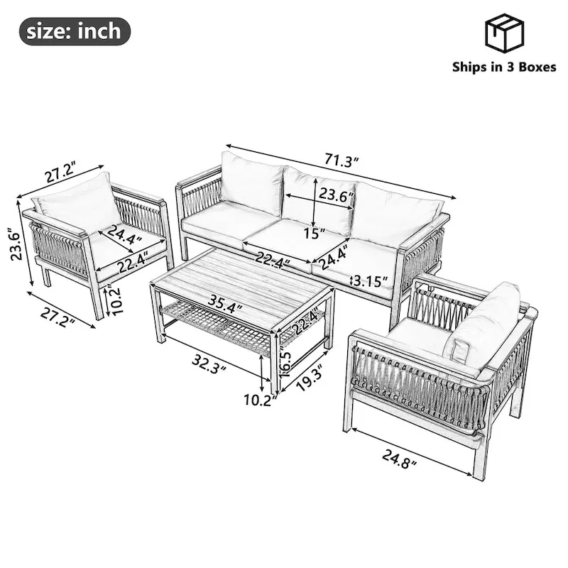 4-Pieces Patio Seating Group with Cushions & 1 Coffee Table