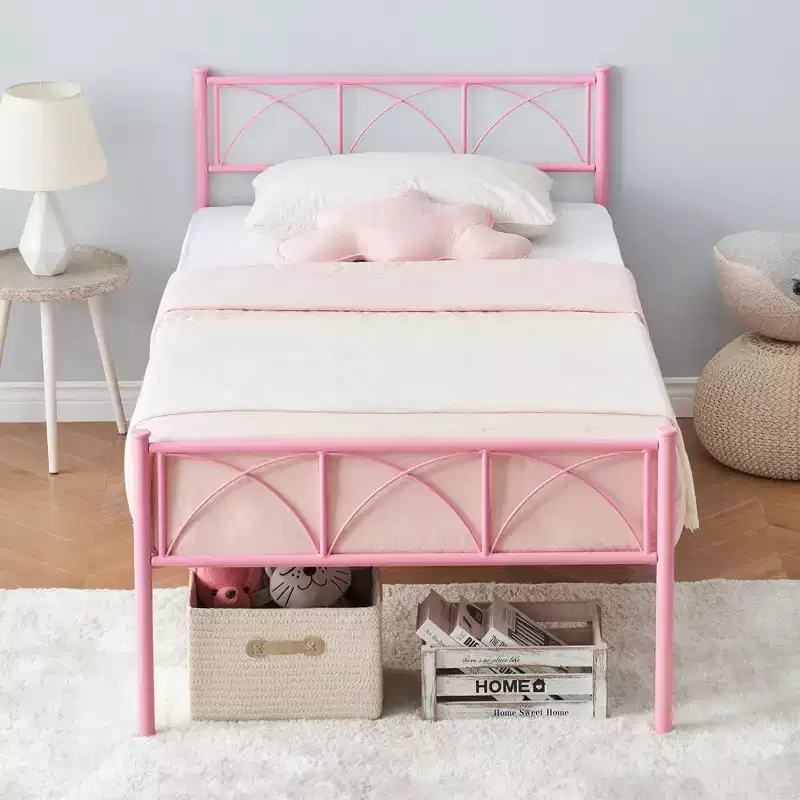 14 Inch Twin Bed Frame with Headboard/Footboard, Pink Platform Bed with Underbed Storage