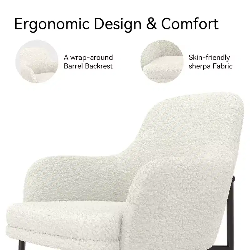Dyonery Mid-Century Modern Boucle Dining Chair, Cozy Upholstered Back & Armrest, Metal Legs, White Accent Chair