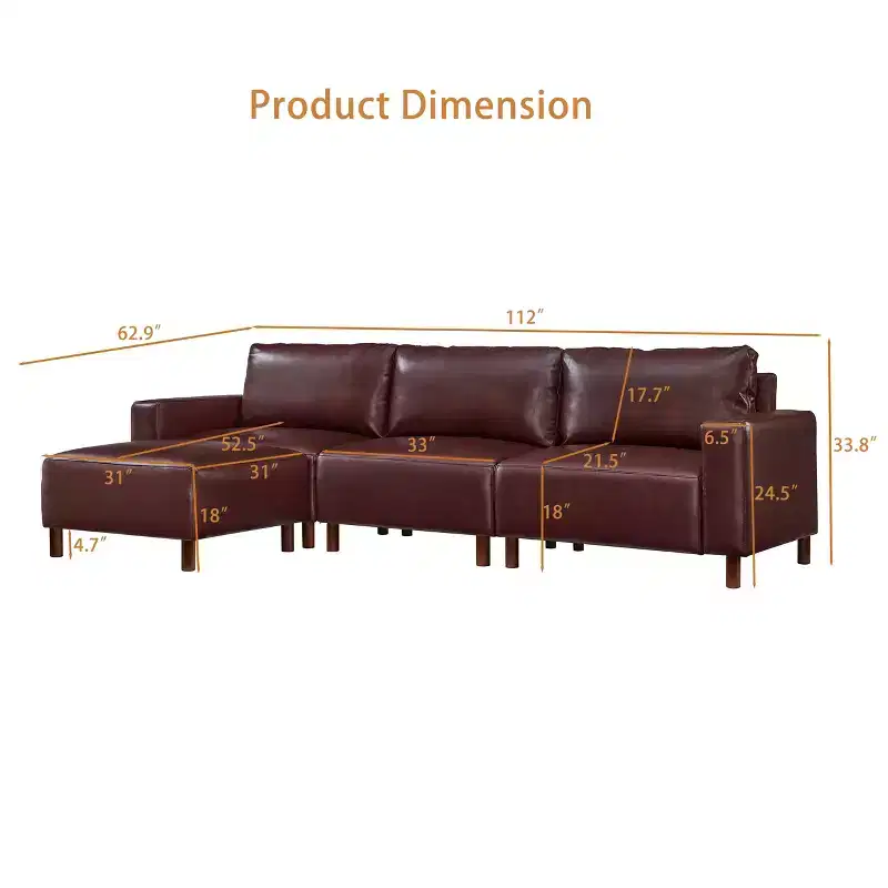 GDFStudio Arvin 112 Modern 3-Seat Faux Leather Upholstered Sectional Sofa with Ottoman