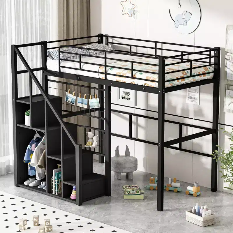 Twin Size Metal Loft Bed with Stairs and Built-In Wardrobe - Decorative Mesh, 250 lb Capacity
