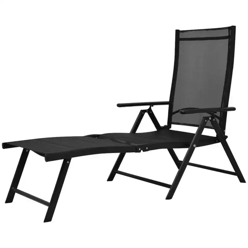 vidaXL Sun Lounger Black Aluminum Large Foldable Folding Sun Lounger