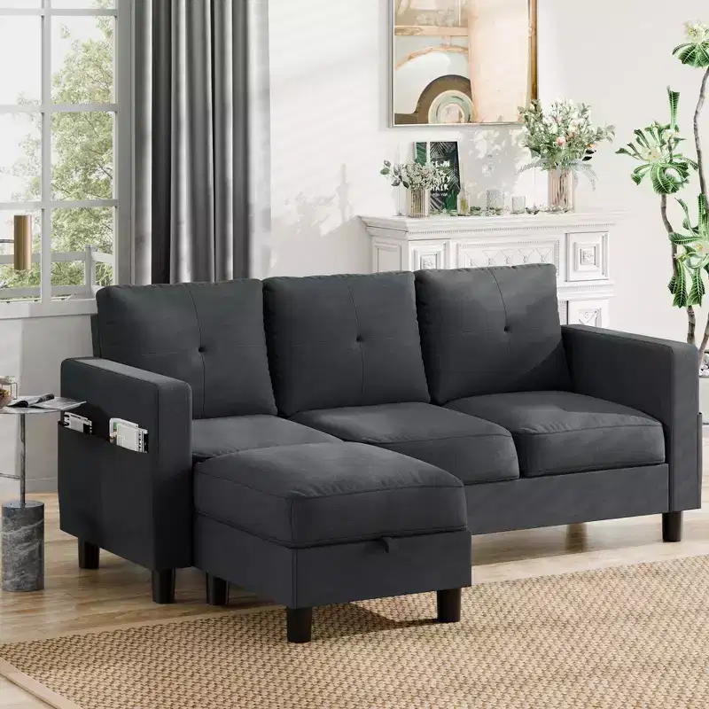 Celebalcony Sectional Small Couch Sofas, L-Shaped Couch 3 Seat Sectional Sofa with Polyester Fabric and Movable Ottoman for Apartments, Office