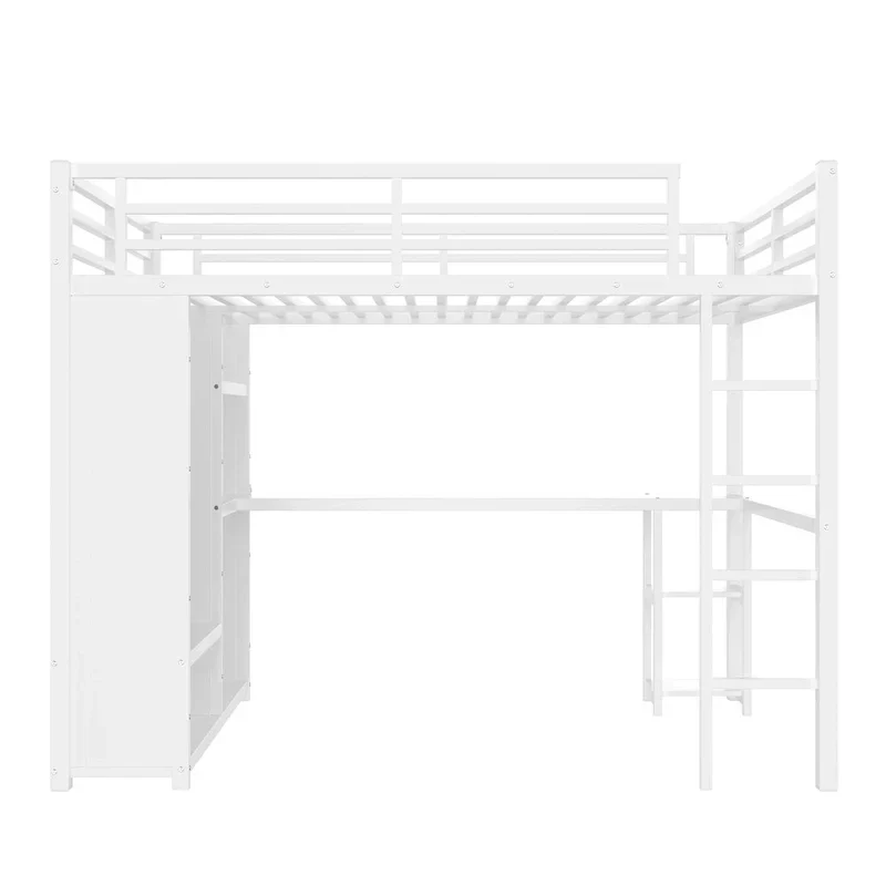 Queen Loft Bed - Built-in Wardrobe & Desk, Metal Frame with Shelves