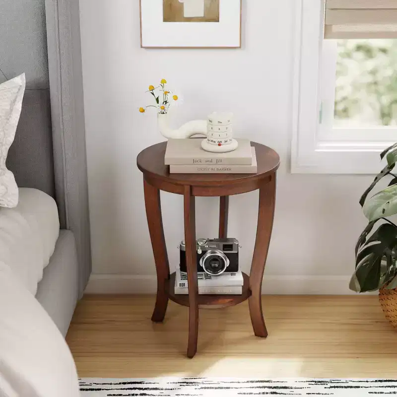 Costway 2 PCS 2-Tier End Table 18'' Round Compact Sofa Side Nightstand with Storage Shelf Espresso/White