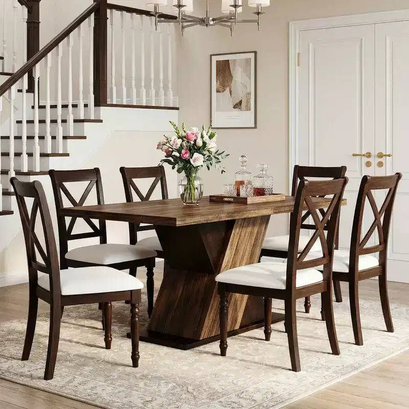MAYEERTY 55 Farmhouse Dining Table, Dark Wood Grain 4-6 Seater Rectangular Kitchen Table, Easy Assembly
