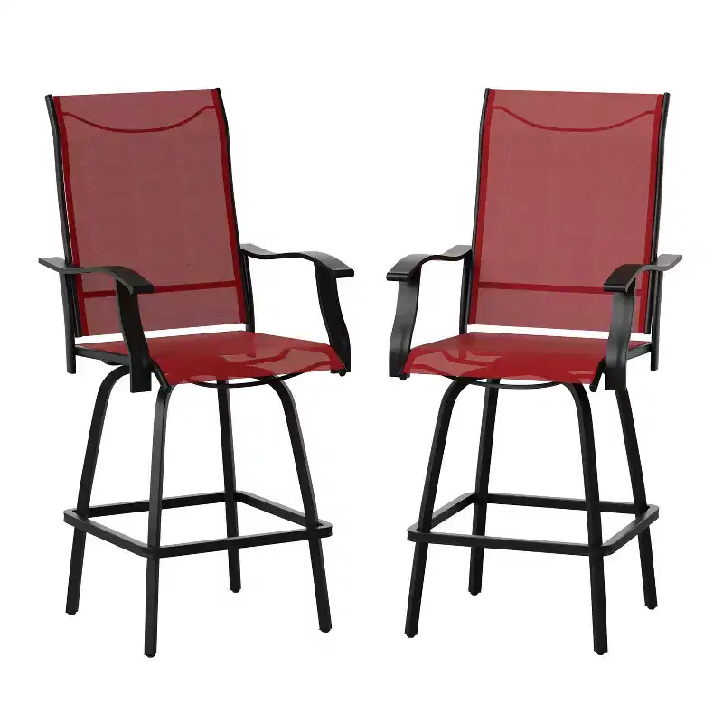 Merrick Lane Set of 2 Brett High Back Bar Height Swivel Patio Stools with Powder Coated Metal Frames and Textilene Upholstery