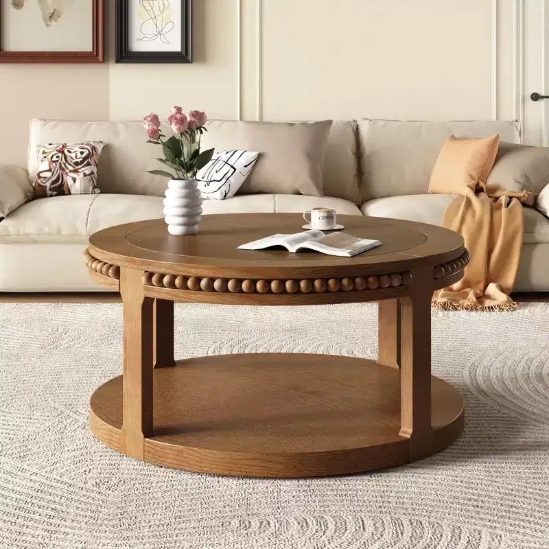 Vintage Round 2-Tier Coffee Table with Dual Storage, Solid Wood Veneer Center Table for Living Room, Bedroom