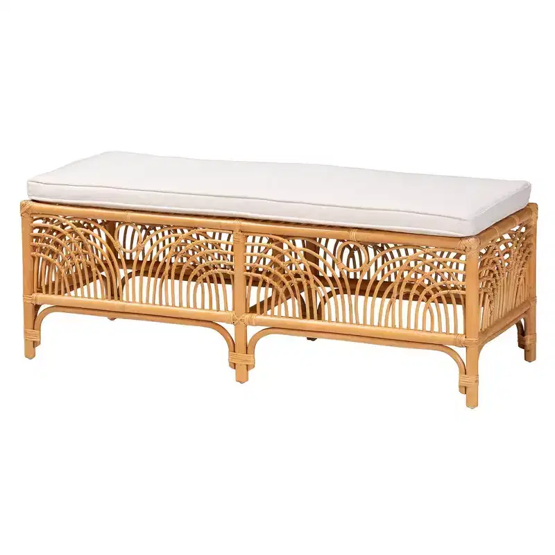 bali & pari Materra Rattan Bench White/Light Honey: Upholstered Polyester, No Assembly, Spot Clean