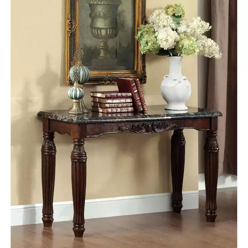 Traditional Faux Marble Top Sofa Table Brown, Elegant Entryway Furniture, Espresso Finish