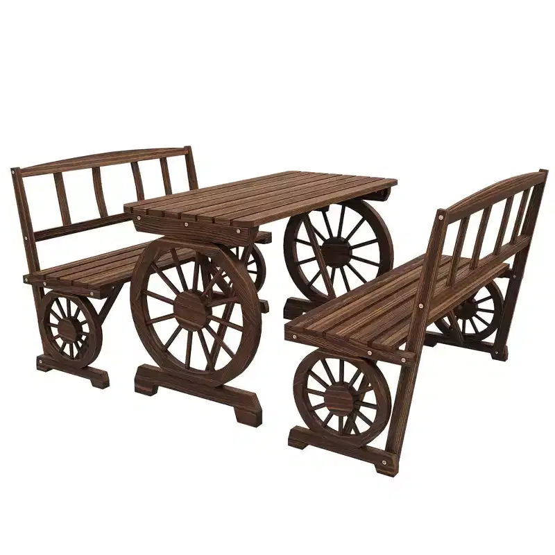 Outsunny Outdoor Table and Chairs for 4 People, Wooden Furniture Set w/ Wagon Wheel Design for Backyard Garden, Deck, Carbonized