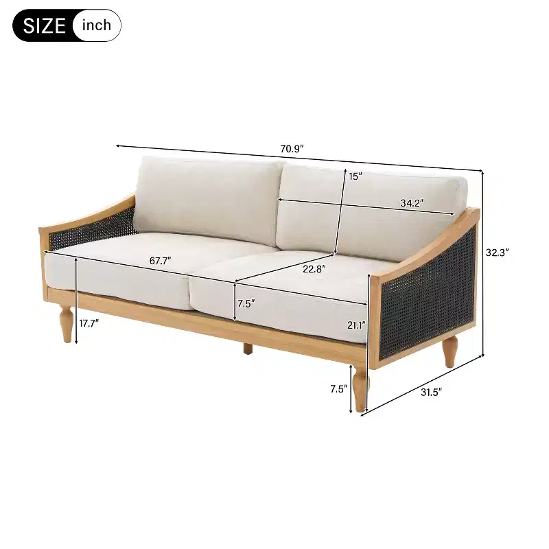 Christopher Knight Home Sachiko 70.9 Mid-Century Modern 2-Seater Rubberwood Chenille Upholstered Sofa with Rattan Armrests