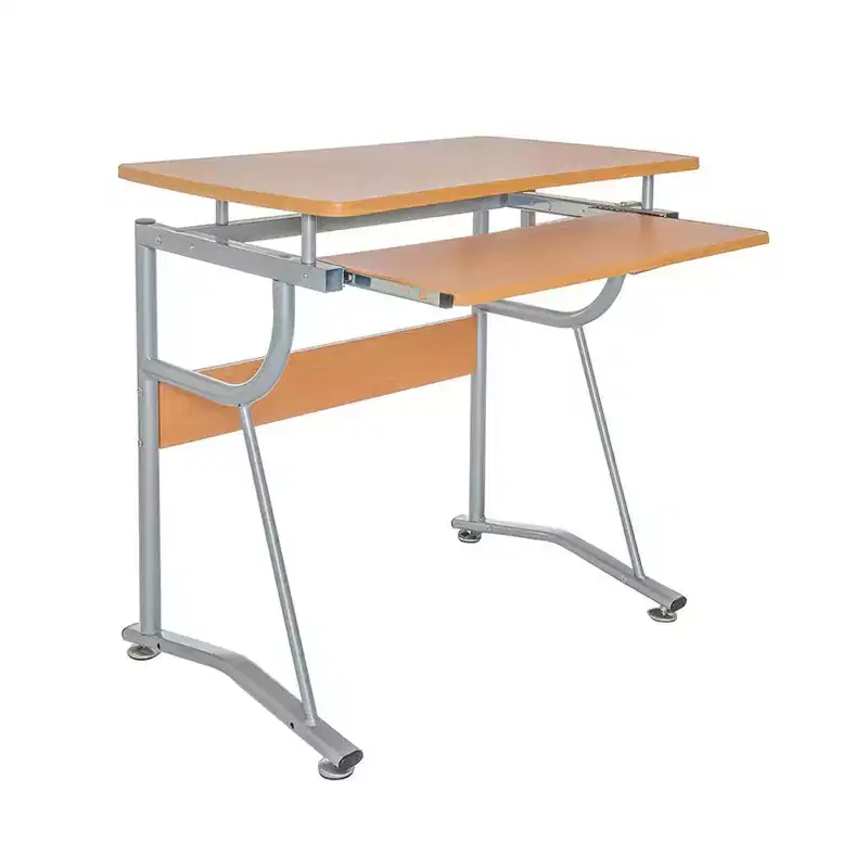 Compact Computer Desk With Side Shelf And Keyboard Panel, Cherry