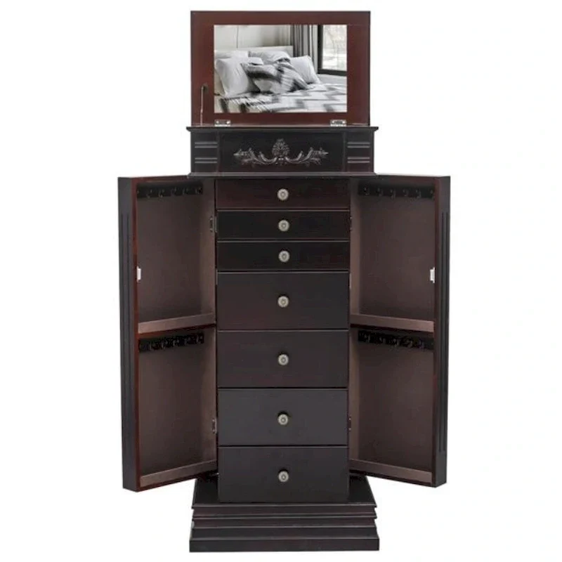 Stylish Jewelry Armoire with Mirror and Necklace Hooks - 18.5 x 12 x 42