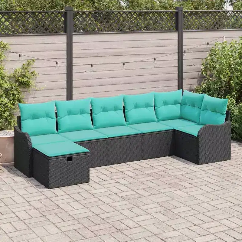 vidaXL Garden Sofa Set with Cushion 7 pcs Black Poly Rattan - Black without table Blue
