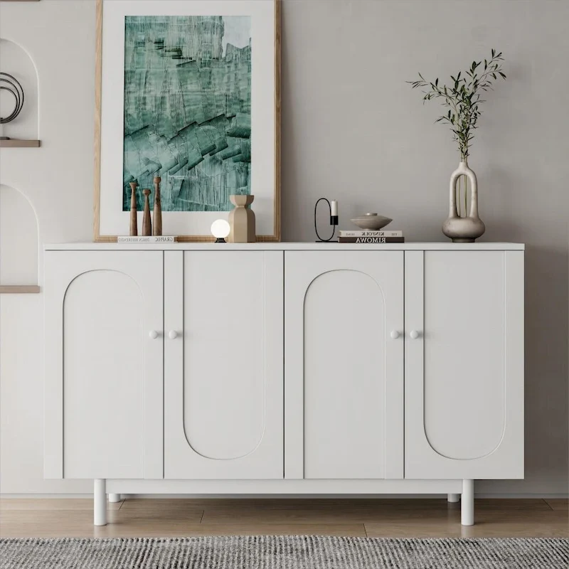 Stylish and Functional 4-Door Intaglio Storage Cabinet with Pine Legs, Solid Wood Pulls and MDF