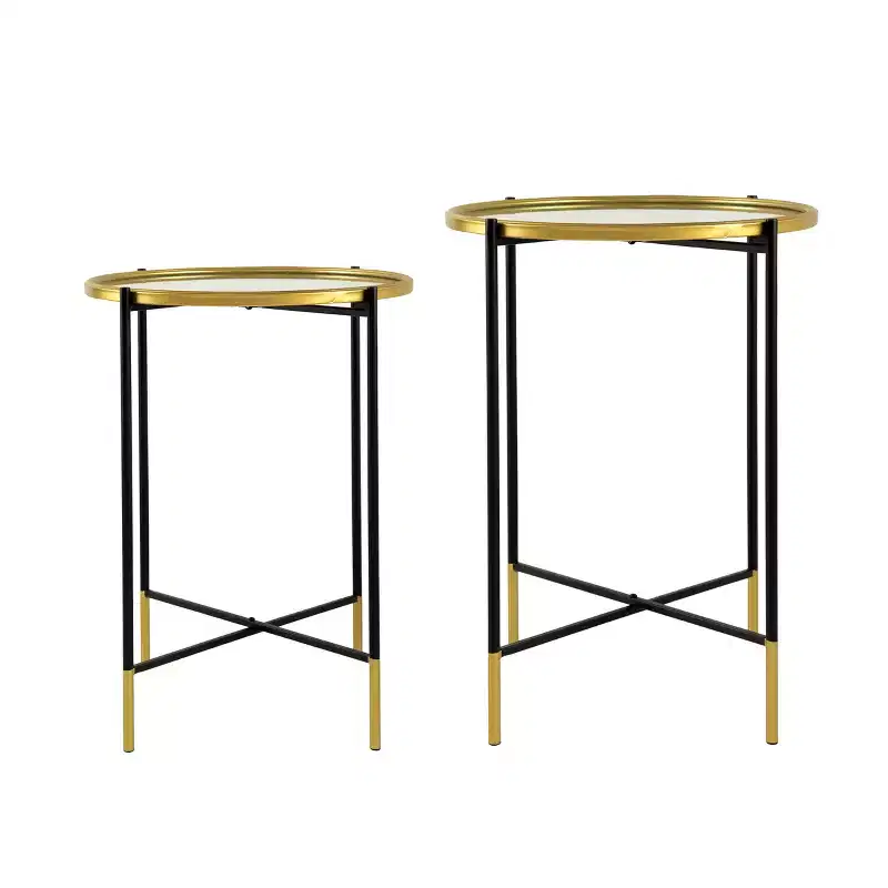 Set of 2 Gold and Black Iron Side Tables with Glass Top