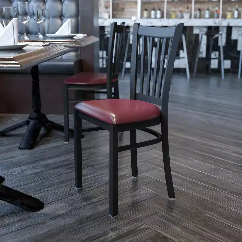 Black Metal Frame Vertical Back Dining Chair – Vinyl or Wood Seat, Seats 1