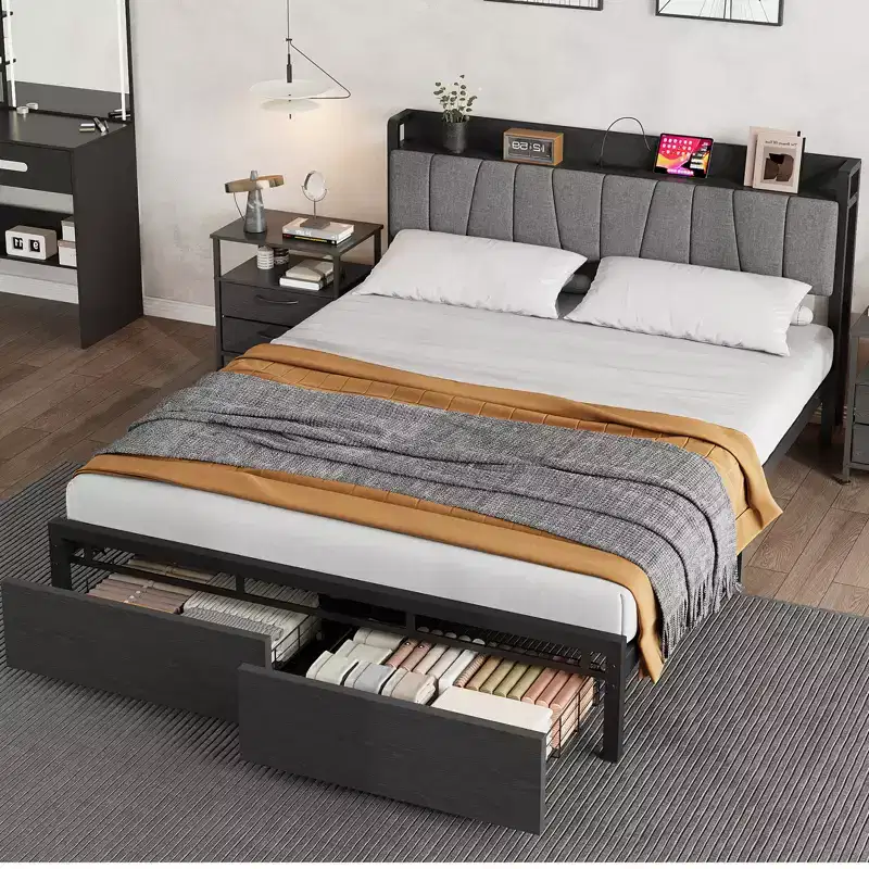 Queen Platform Bed Frame with Upholstered Headboard, 2 Storage Drawers & Charging Station – No Box Spring Needed