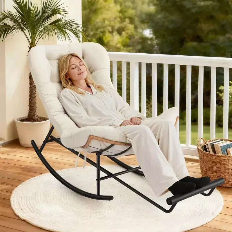 Beige Oversized Papasan Rocking Chair, 1-Person, with Footrest