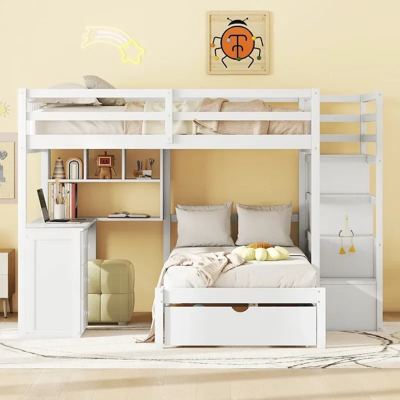 Full Over Twin Bunk Bed with Desk, Drawers and Shelves