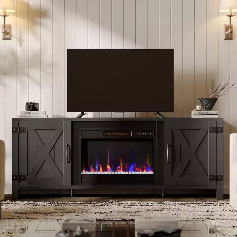 Bestier 63 Farmhouse Fireplace TV Stand for TVs up to 70, LED Media Console Entertainment Center with 23 Fireplace Heater & Cabinet With Barn Door