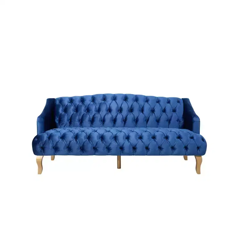 Whisen Mid-Century Modern Velvet Sofa Button Tufted 3-Seater Couch with Curved Wood Legs