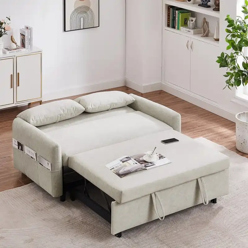 Sofa Bed Pull Out Couch Convertible Loveseat Sleeper Sofa Couch with Adjsutable Backrest, Storage Pockets, 2 Soft Pillows
