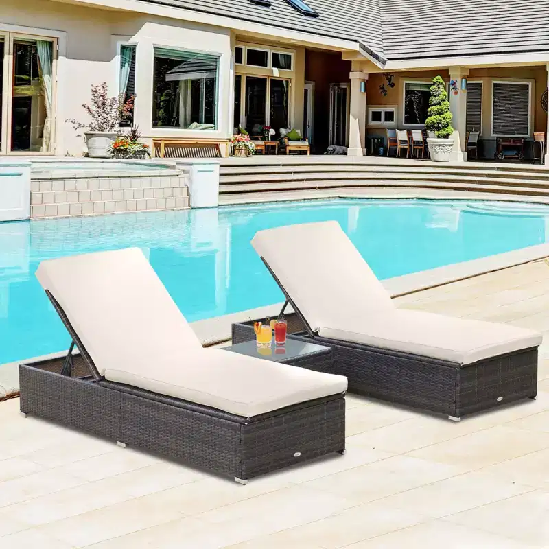 Chaise Lounge Chair Set of 2 with 5 Angle Backrest, Outdoor Coffee Table, Water Repellent Cushions, PE Rattan Wicker Poolside Chairs