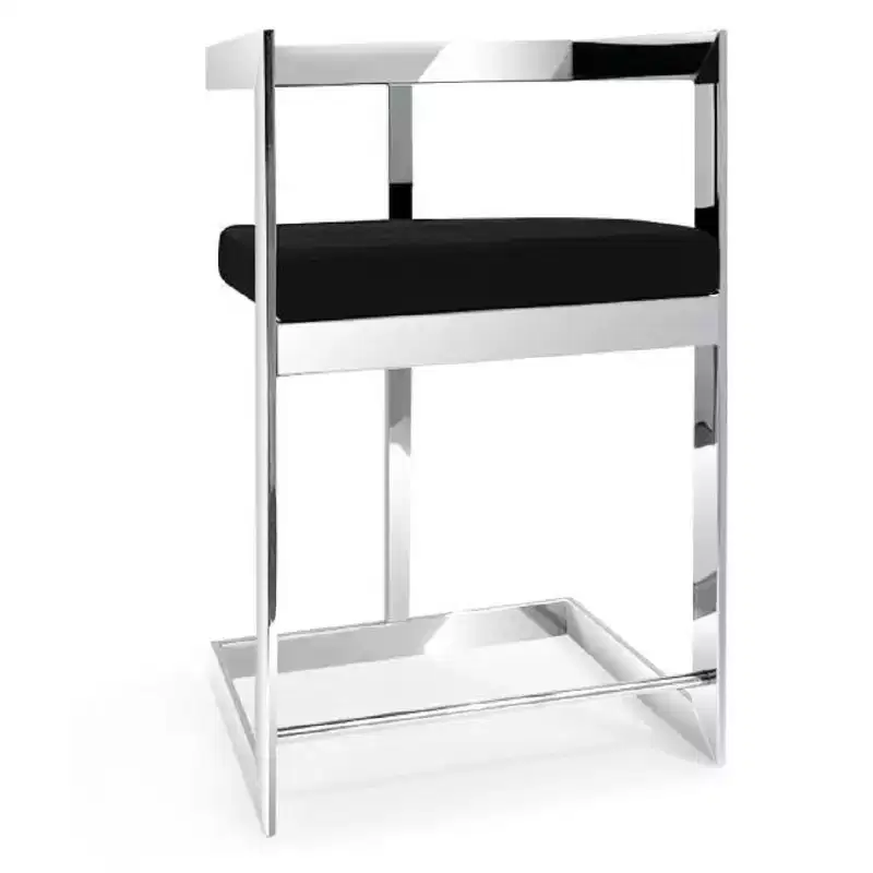HomeRoots 26 Black and Silver Velvet and Stainless Steel Low Back Counter Height Bar Chair
