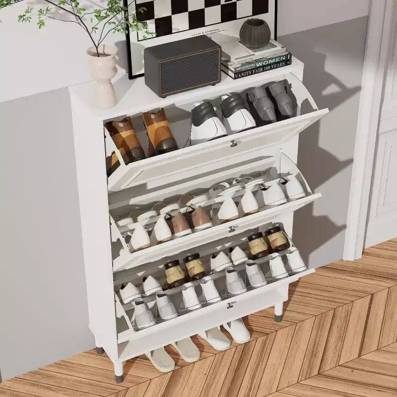 Entryway shoe cabinet, narrow shoe rack, shoe cabinet with 3 flip-top drawers, freestanding shoe cabinet with legs, entryway storage manager White