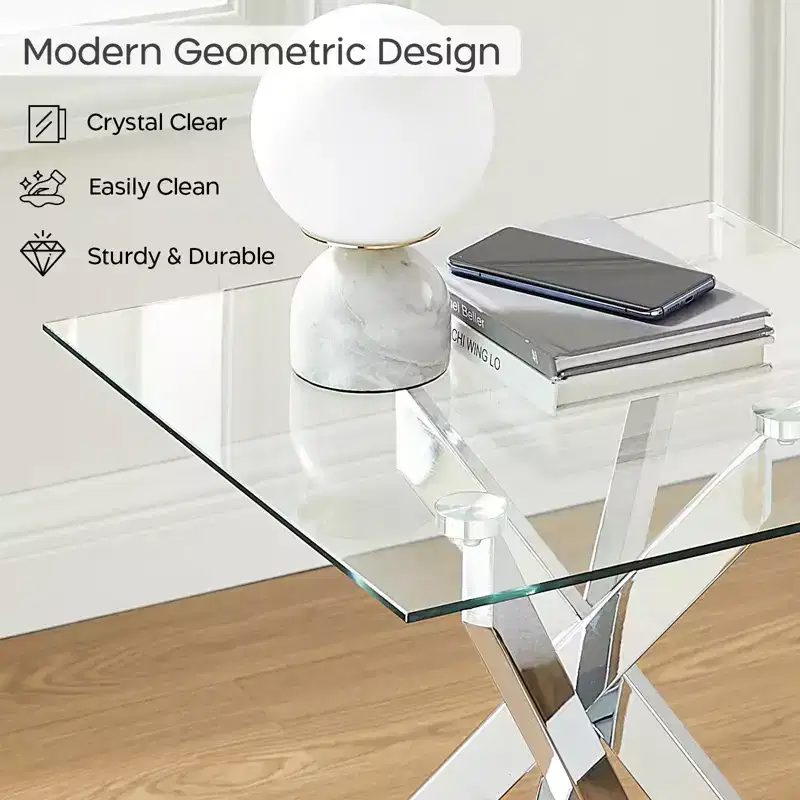 Probe Hues Modern Glass Side Table with Tempered Top and Metal Legs for Living Room