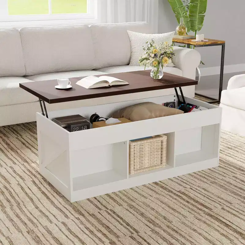 COZONY Coffee Table for Living Room with Lift Top and Storage, Square Industrial Design with X-Shaped Decor, Durable and Stylish, White