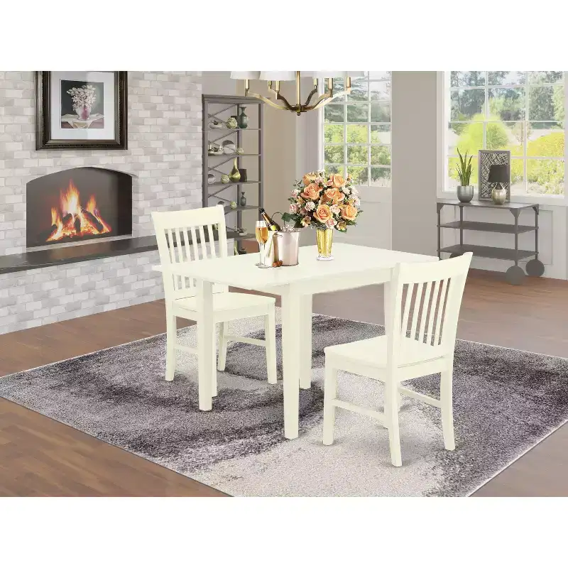 HomeStock 3Pc Dining Room Table Set Includes a Kitchen Table and 2 Modern Dining Chairs with Asian Hardwood Seat and Slat Back, Linen White Finish