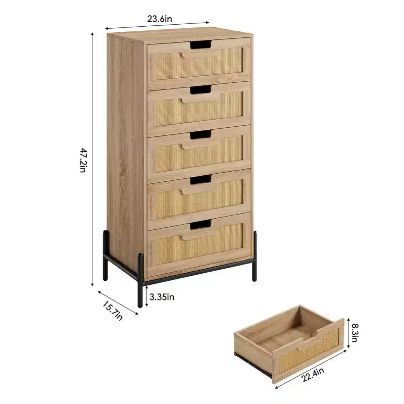 Natural Rattan 5 Drawer Dresser, Wooden Chest of Drawer, Farmhouse Storage Cabinet with Metal Legs, Modern Dresser