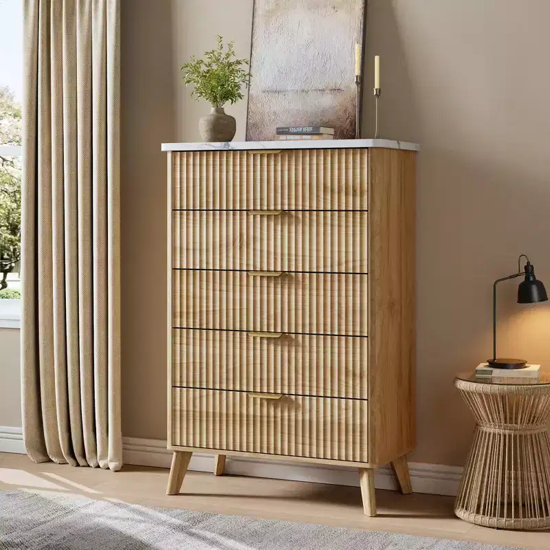47.2 Tall Fluted 5-Drawer Dresser for Bedroom, Modern Wood Chest of Drawers with Faux Marble Top & Curved Profile for Living Room & Hallway