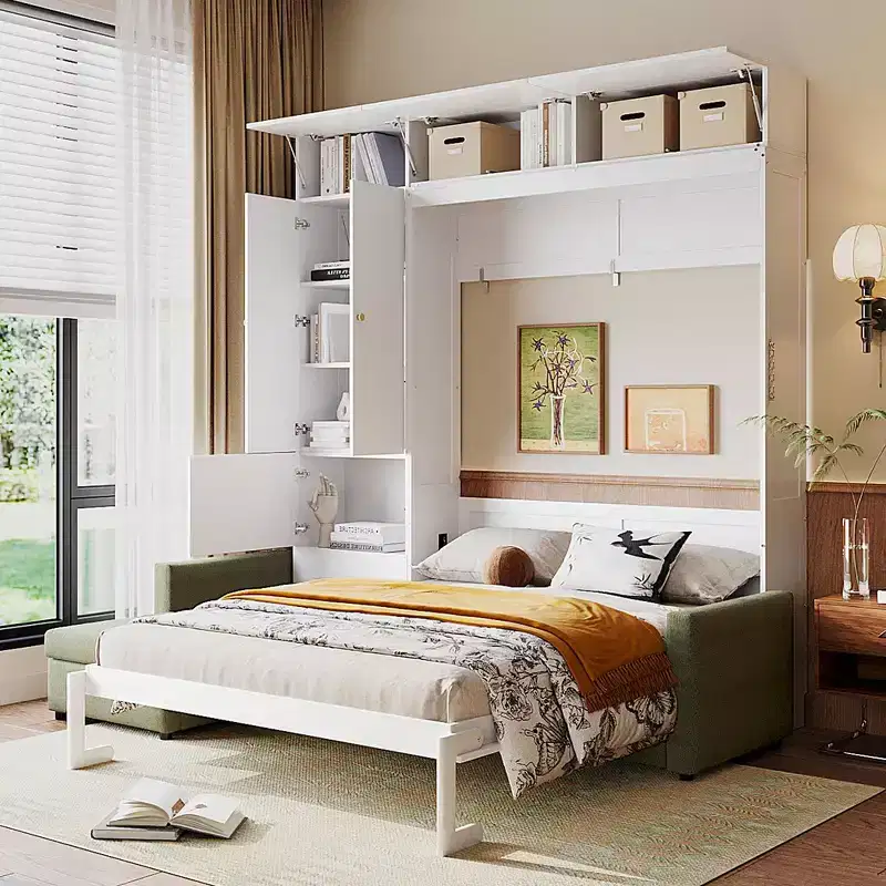 Queen Murphy Wall Bed with Beige Sofa and Shelves, Green Panel