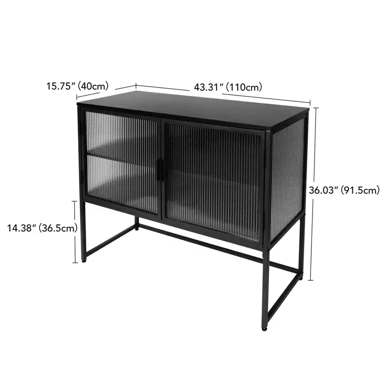 Modern Storage Cabinet with Glass Door Metal Frame Double Layer Freestanding Sideboard Suitable for Living Room Kitchen Black