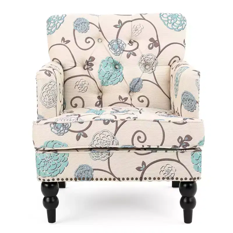 Tufted Club Chair - White/Blue: Upholstered Accent, Floral Pattern, Hardwood Frame