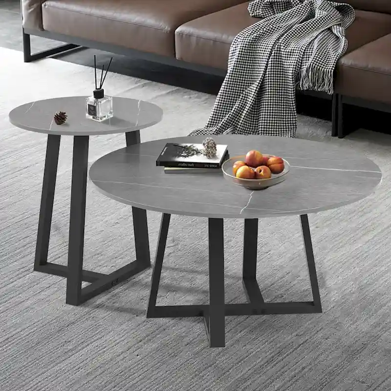 Set of 2 Round Nesting Tables Sintered Stone Marble Coffee Table - 31.5x15.7 inch