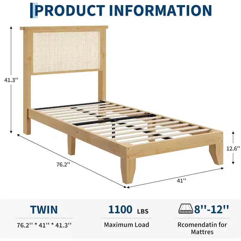 Twin Size Square Rattan & Wood Platform Bed Frame, Natural Rattan Headboard, No Box Spring Needed, Easy Assembly