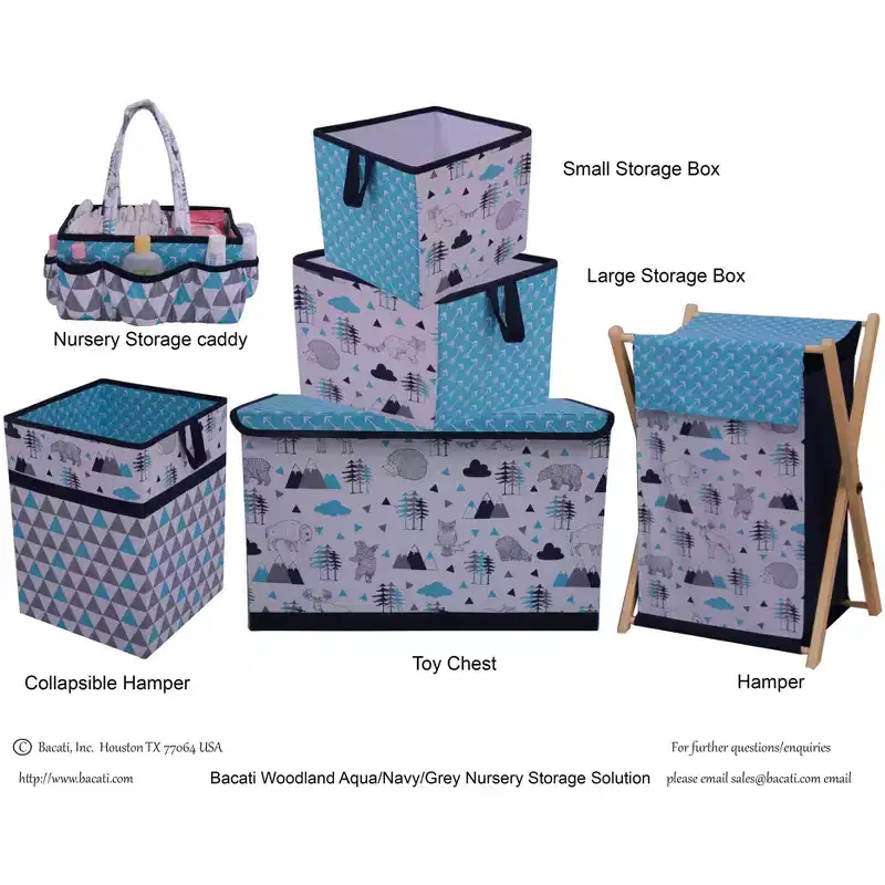 Boys Laundry Hamper with Wooden Frame – Aqua/Navy/Gray, 16x15.5x26.5 in