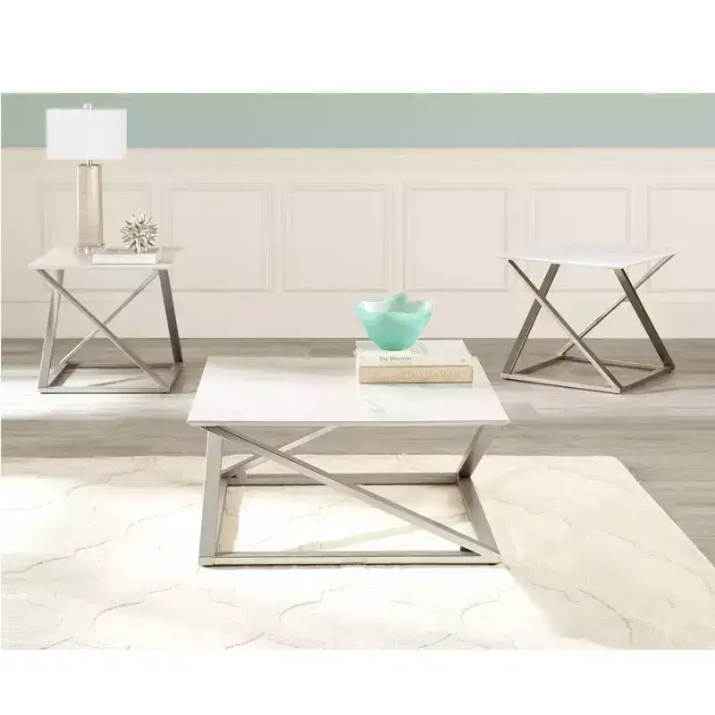 Square End Table in White Faux Marble with Asymmetrical Chrome Metal Base