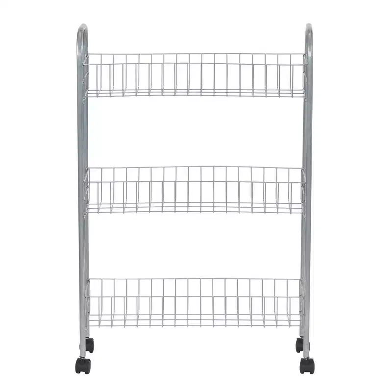 Household Essentials Slim Storage Cart, 3 Shelf Storage Cart with Wheels, Silver