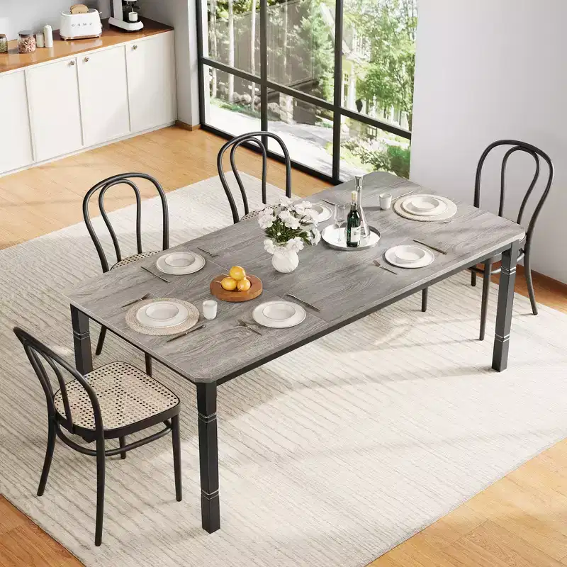 Large dining table, seats 6-8 people - Rectangular wooden modern farmhouse-style dining table with sturdy metal legs, suitable for dining rooms.