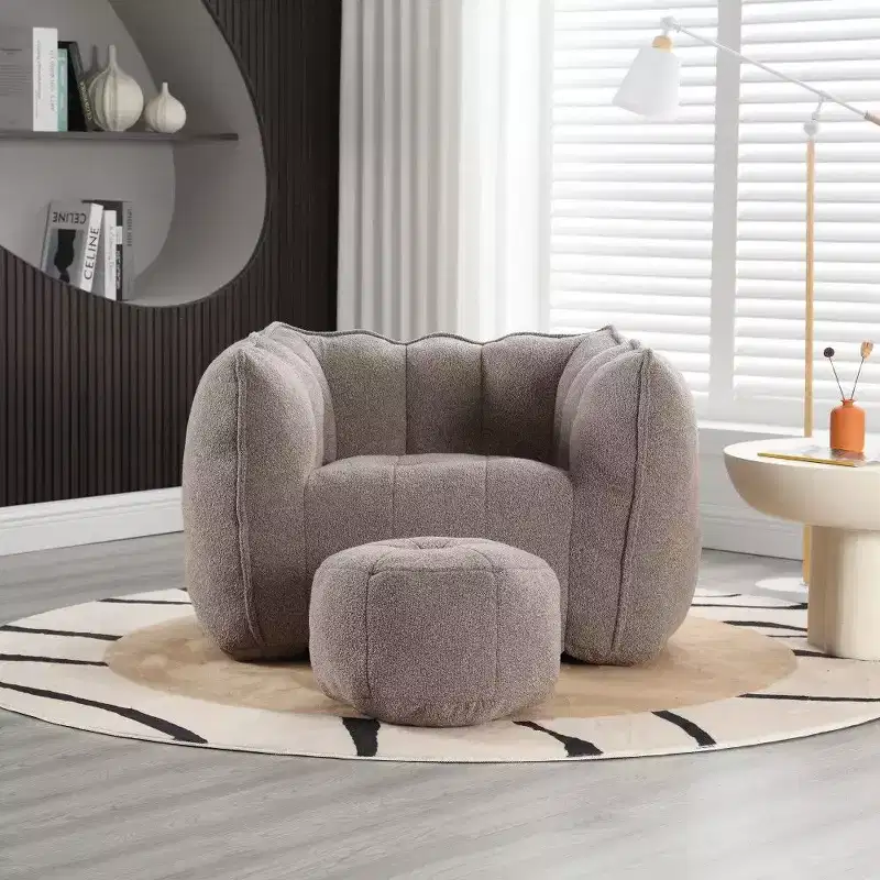 Okak Chenille Bean Bag Chair with Ottoman,Square Armrest Lounger Beanbag Chair & Footstool Set,High-Resilience Foam Couch for Living Room